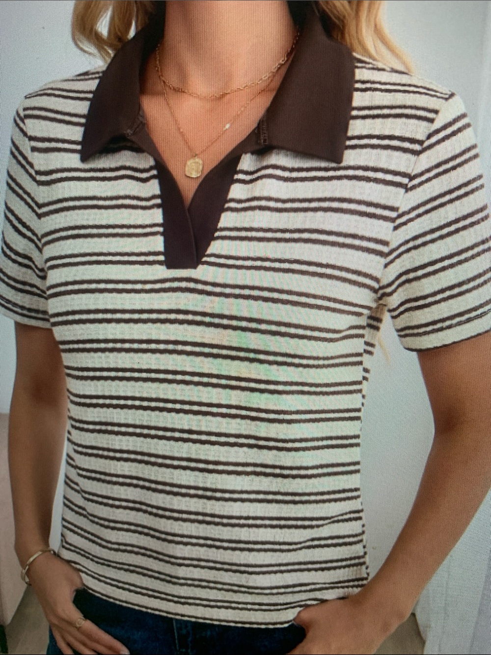 Striped Knit Polo Top in Cream & Brown